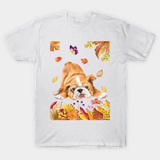 Cute Bulldog In Autumn T-Shirt